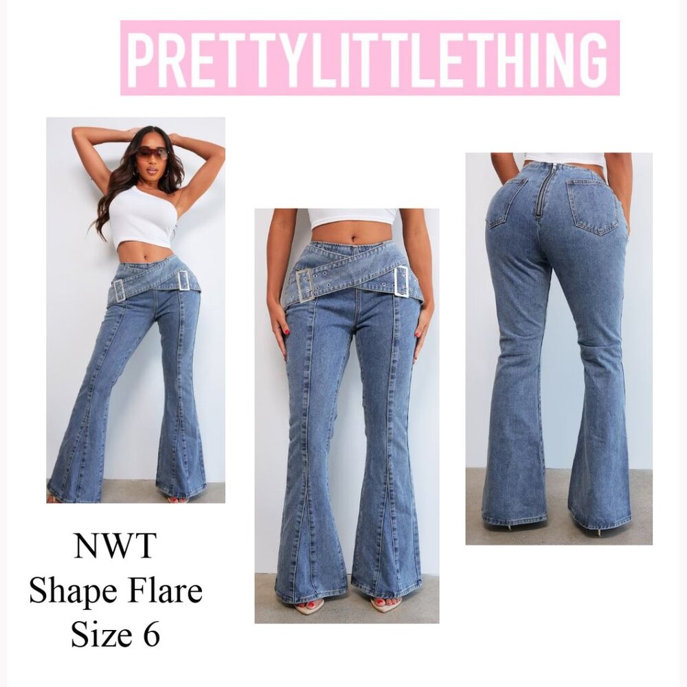 NWT Pretty Little Thing Shape Blue Denim Belted Flare Mid Rise Jeans Sz 6